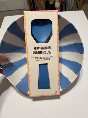 Blue & White Stripe Serving Bowl with Blue Salad Utensil Set